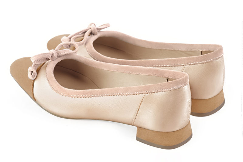Tan beige, gold and powder pink women's ballet pumps, with low heels. Square toe. Flat flare heels. Rear view - Florence KOOIJMAN